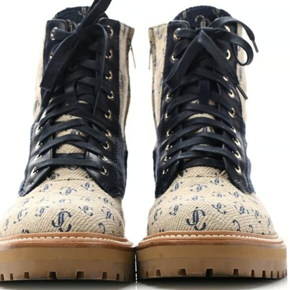 Jimmy Choo Jacquard Monogram Calfskin Cora Flat Combat Women Boots Sand Dune 39 - Picture 6 of 9